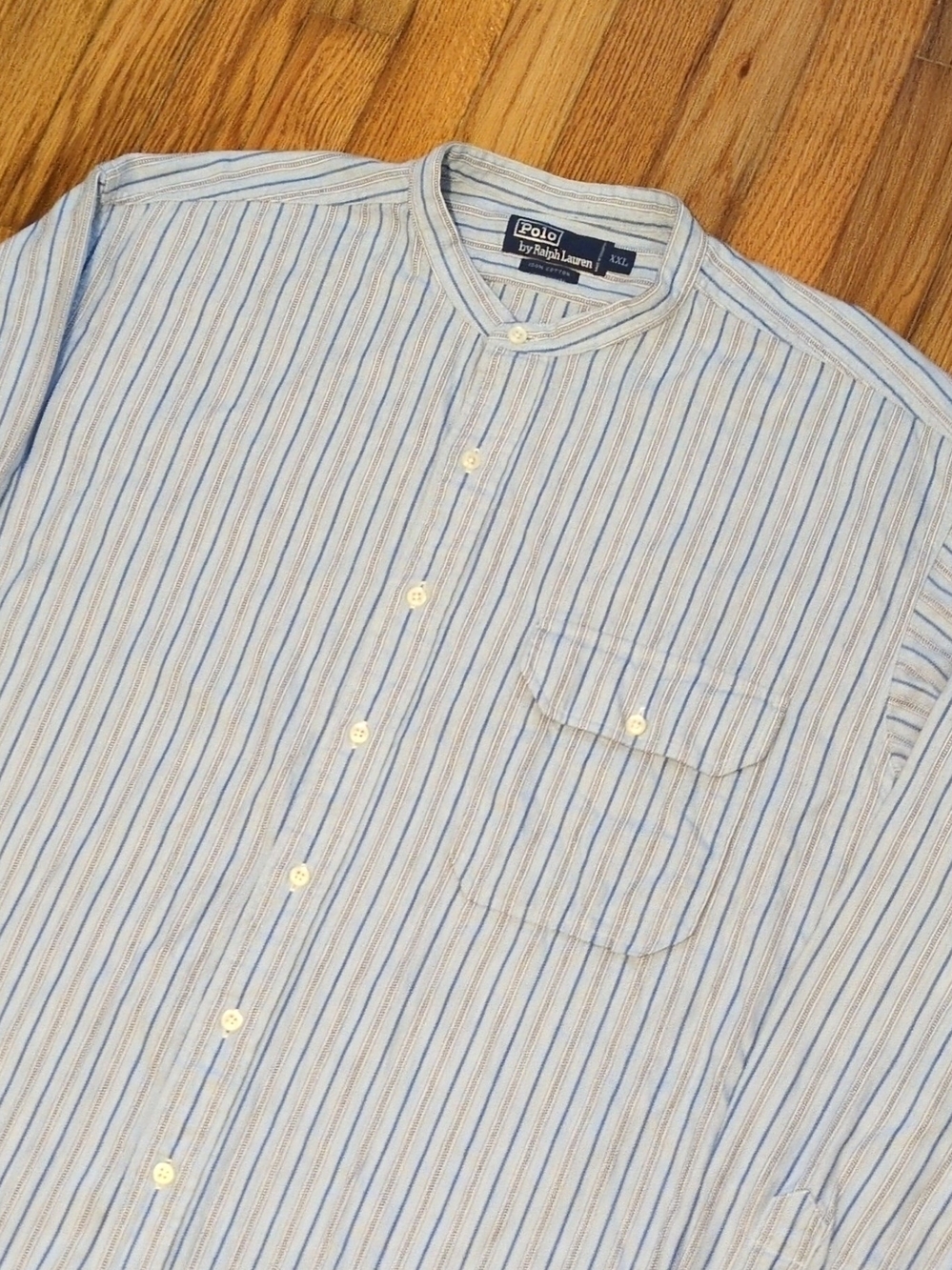 VTG Polo Ralph Lauren 2XL B&T Band Collar Cotton Woven Blue/White Stripe LS 90s